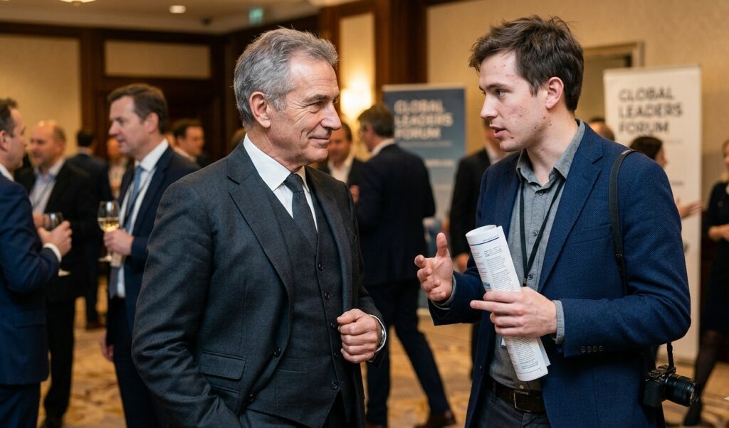 A candid photograph capturing a young professional in a navy blue blazer, holding a report, speaking strategically with an experienced executive in a charcoal three-piece suit at a crowded corporate networking event. The banner Global Leaders Forum is visible in the background.