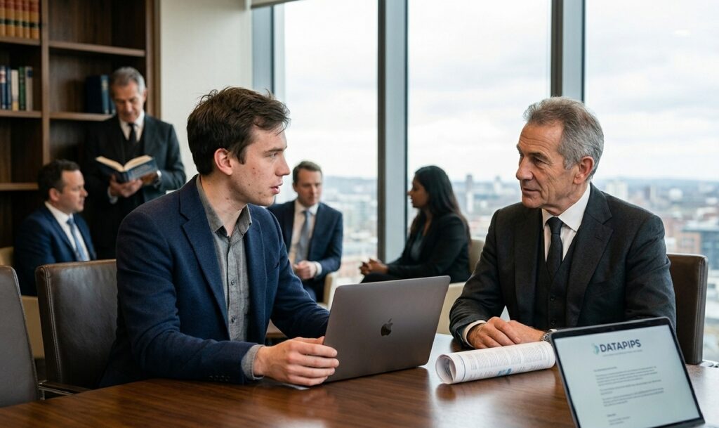 A high-end corporate boardroom scene where a confident young professional in a navy blazer is presenting data from a laptop to a senior executive. They are engaged in a serious professional discussion with a city skyline view through large office windows.