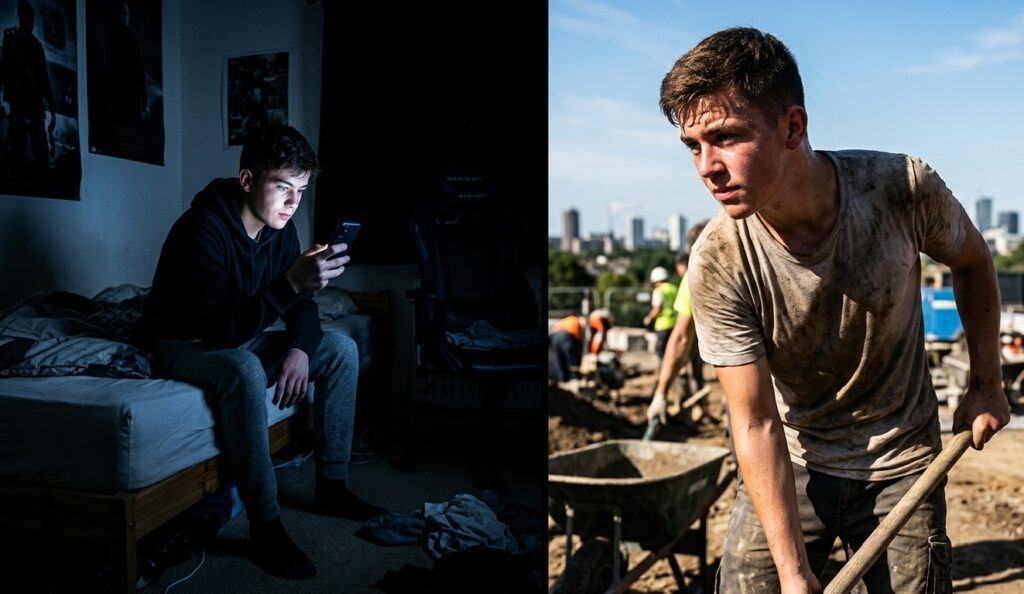 A split-screen photograph contrasting two lifestyles for a young man. The left side shows him sitting alone in a dark messy bedroom at night staring at a glowing smartphone. The right side shows him outside in bright sunlight on a construction site sweating and working with determination using a shovel and wheelbarrow. The image illustrates the shift from passive digital consumption to active physical work.