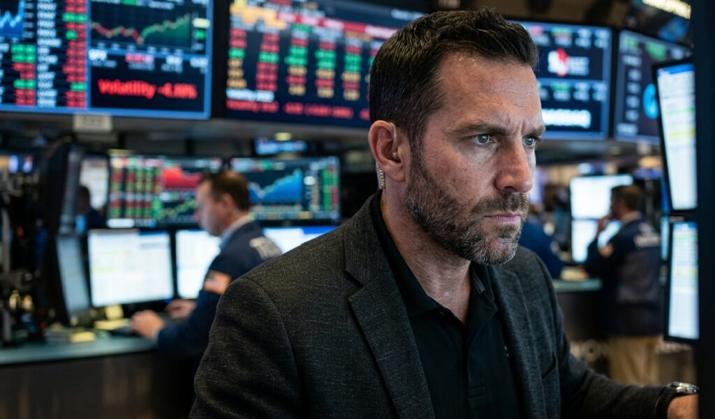 A close-up portrait of an intense stock trader in a financial market environment, surrounded by multiple screens displaying charts and market data, representing the focus and mental strength required for serious trading.