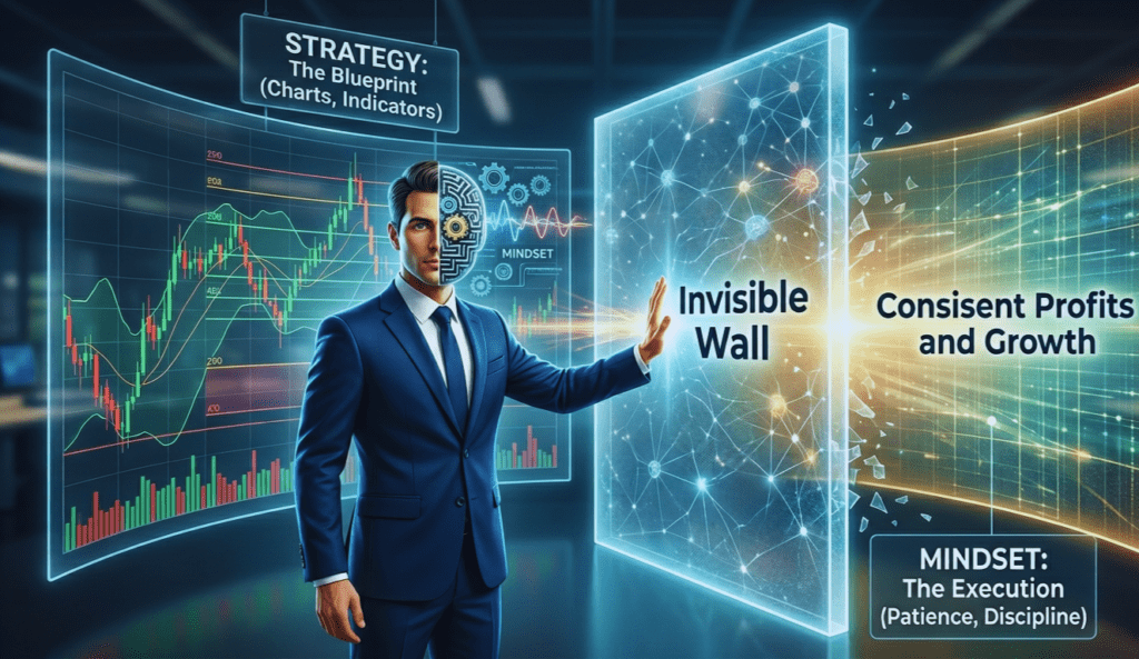 The Invisible Wall: Why Mindset Matters More Than Strategy in Trading The Invisible Wall: Why Mindset Matters More Than Strategy — a cinematic graphic representing the psychological barrier that prevents technically skilled traders from achieving consistent profitability.