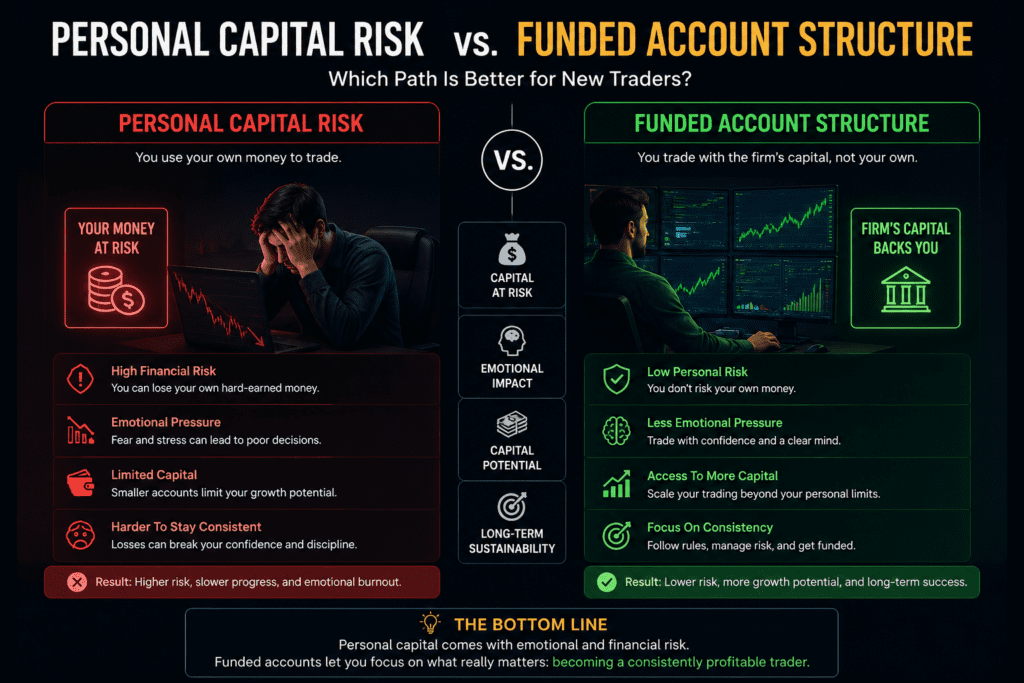 Comparing personal capital risk versus a funded account structure for new traders.