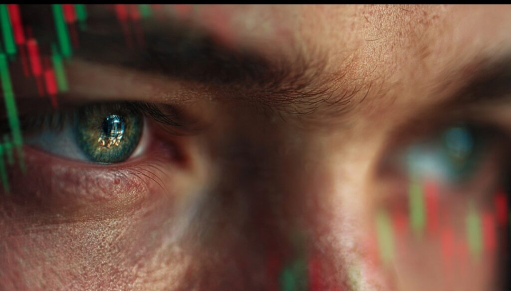Trader's focused gaze reflecting market charts — the psychology of respecting trading capital.