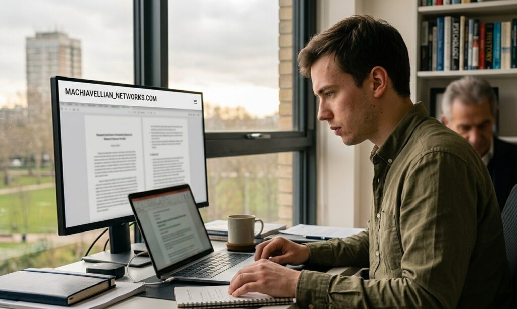 A candid documentary-style photograph of a focused young professional in an olive shirt, working intently on a laptop and monitor. In the warm bokeh background, an experienced older man reads a book by a bookshelf, looking like a mentor. The setting is a bright home office with large windows.
