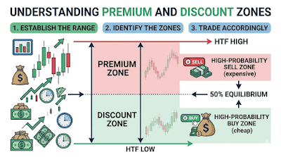 Premium vs discount zones — ICT trading strategy buying at discount selling at premium