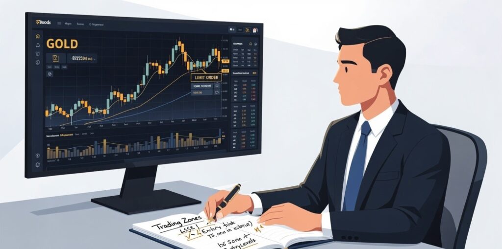  Professional trader with pre-planned trading system using limit orders to avoid emotional execution freeze