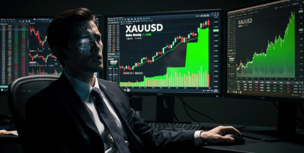 Trader freezing before pressing buy button while gold market breaks out — trading psychology analysis paralysis