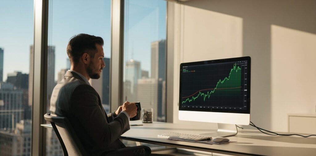 Calm, disciplined trader reviewing results after separating ego from profit-focused trading.