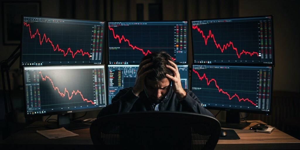 Stressed trader facing losses from ego-driven trading decisions.