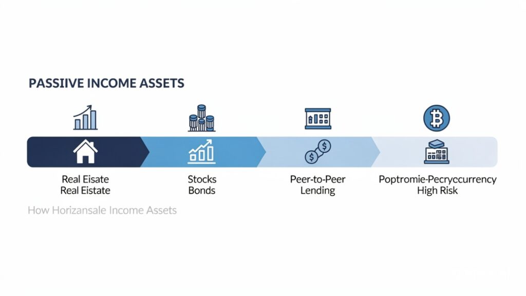 Passive income assets arranged by risk level from low to high.