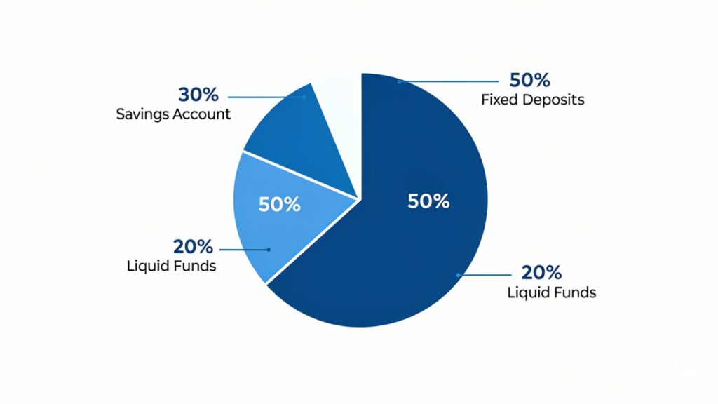 30-50-20 emergency fund allocation split for liquidity and safety.
