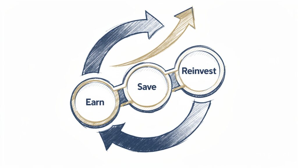 Earn, save, reinvest cycle illustrating the compounding wealth system.