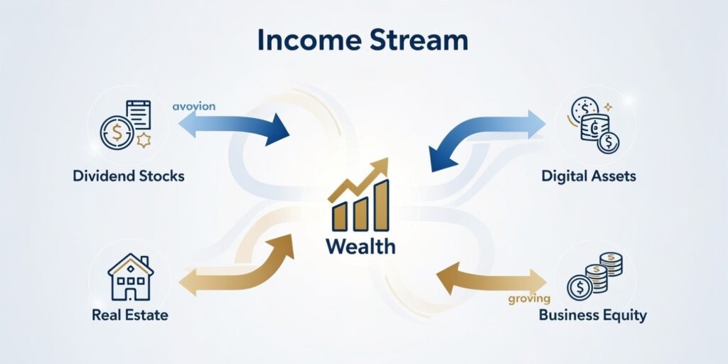 Multiple passive income streams compounding into long-term wealth.