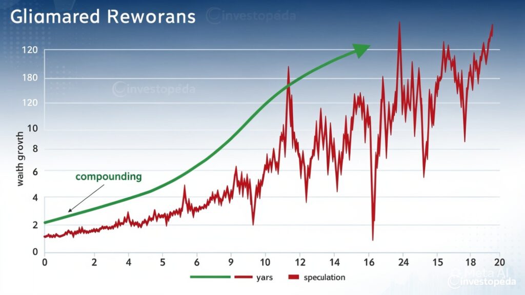 Compounding growth chart showing patient investor vs get rich quick trader over 20 years.