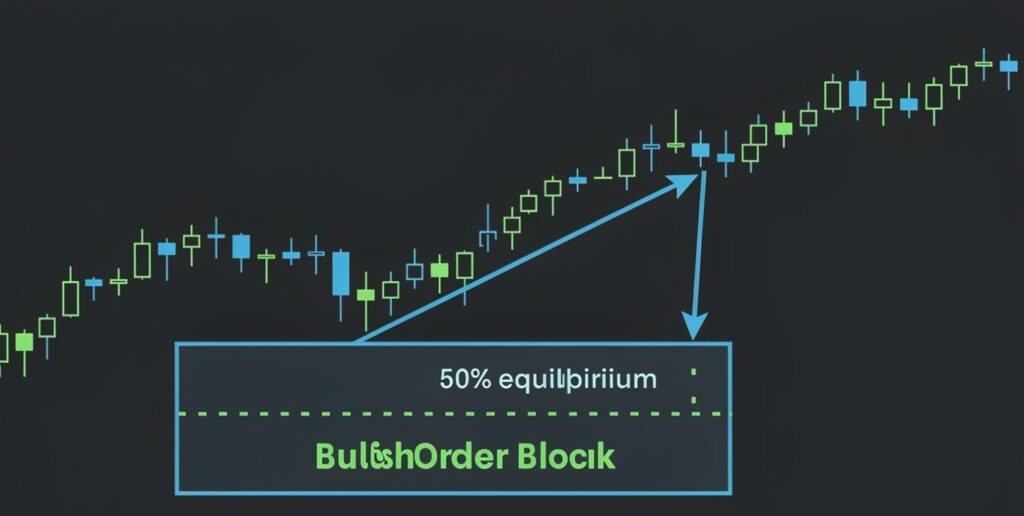Bullish order block diagram showing the 50% equilibrium entry level.