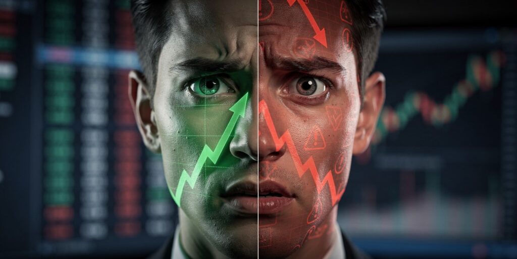 Split psychology of a trader showing calm discipline versus panic — trading is a business mindset.