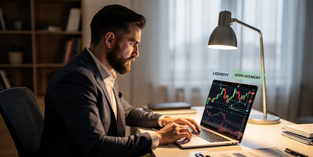Trader analyzing ICT liquidity and displacement concepts on a trading chart.