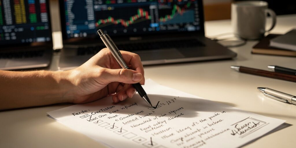 Trader following a mechanical pre-trade checklist instead of reacting emotionally.