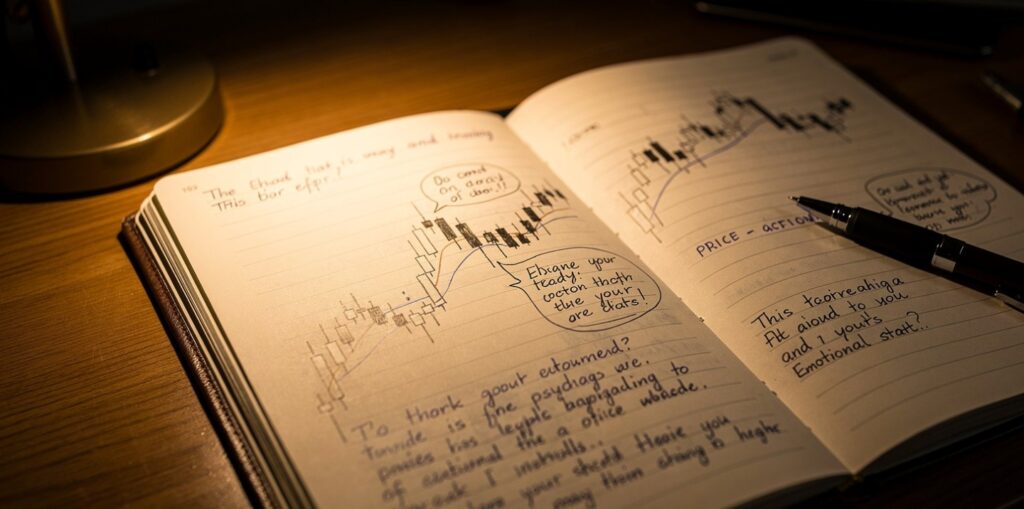 Trading journal documenting price action and emotional state for trading psychology discipline.