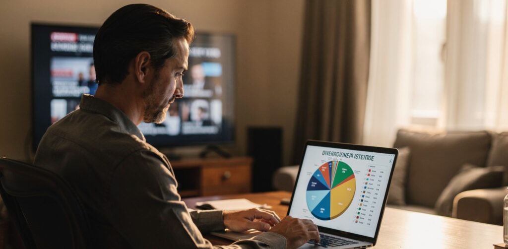 Calm investor reviewing a diversified portfolio during global market uncertainty.