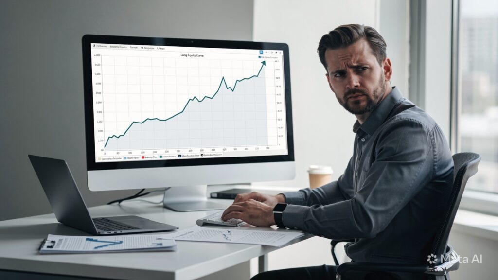 Trader reviewing steady long-term equity growth from a disciplined compounding system.