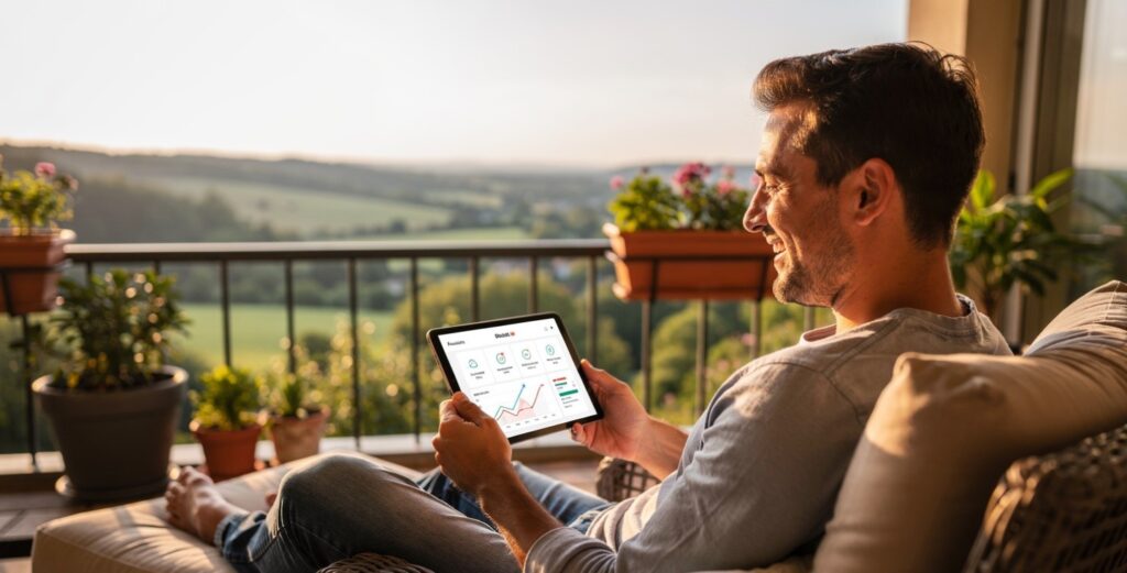  Investor reviewing passive income dashboard from a relaxed outdoor setting.