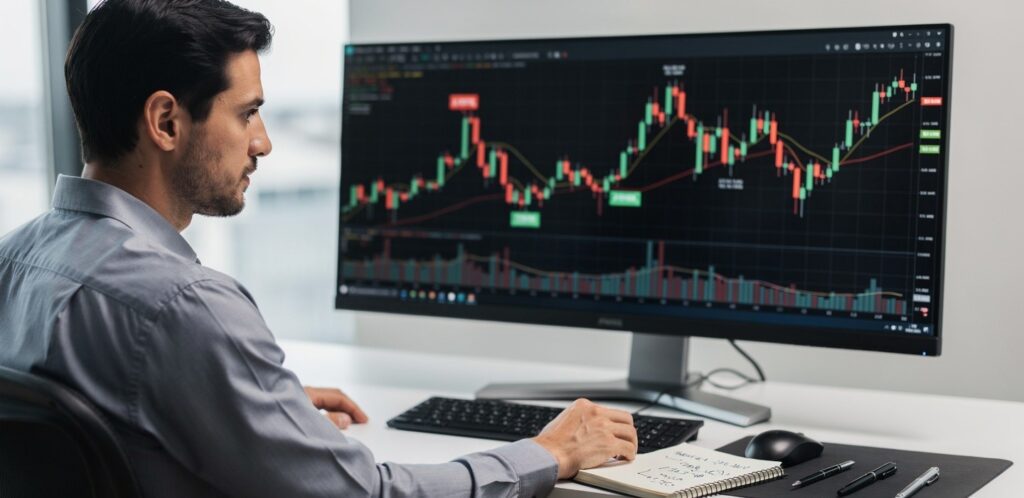 Trader backtesting strategies on historical charts during the filtration phase of the trader roadmap.
