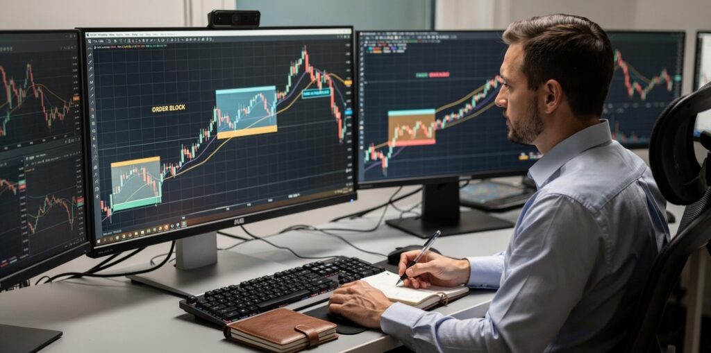 Trader analyzing order blocks and fair value gaps on a higher timeframe chart.