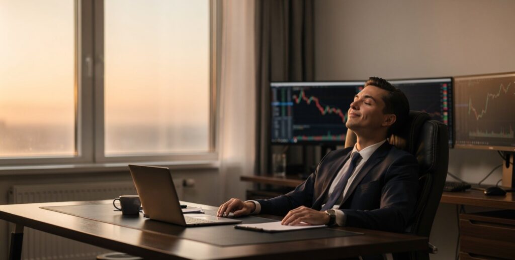 Trader practicing negative visualization before market open — trading psychology and mental preparation.