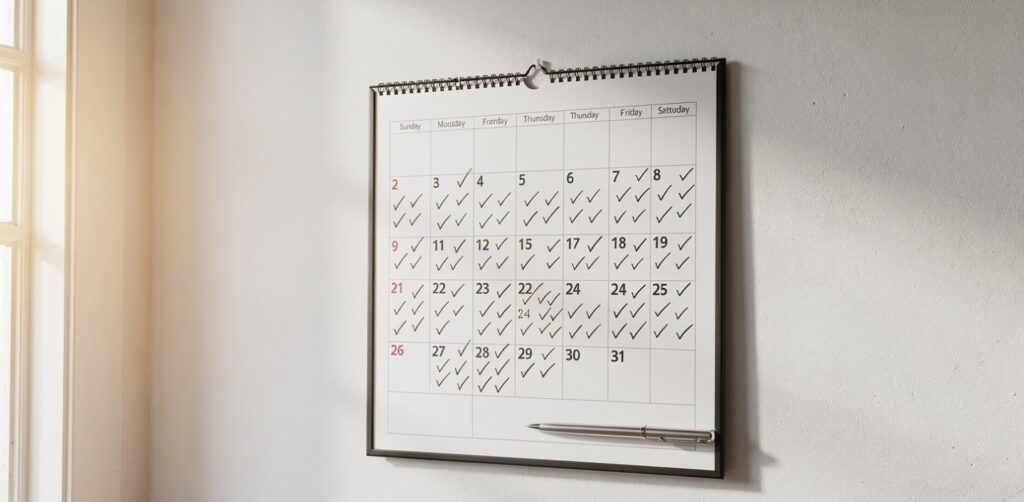 Calendar showing consistent daily checkmarks representing compounding effort over months