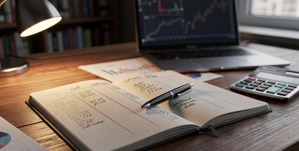 Trading journal tracking emotional state alongside technical trade data for mechanical discipline.