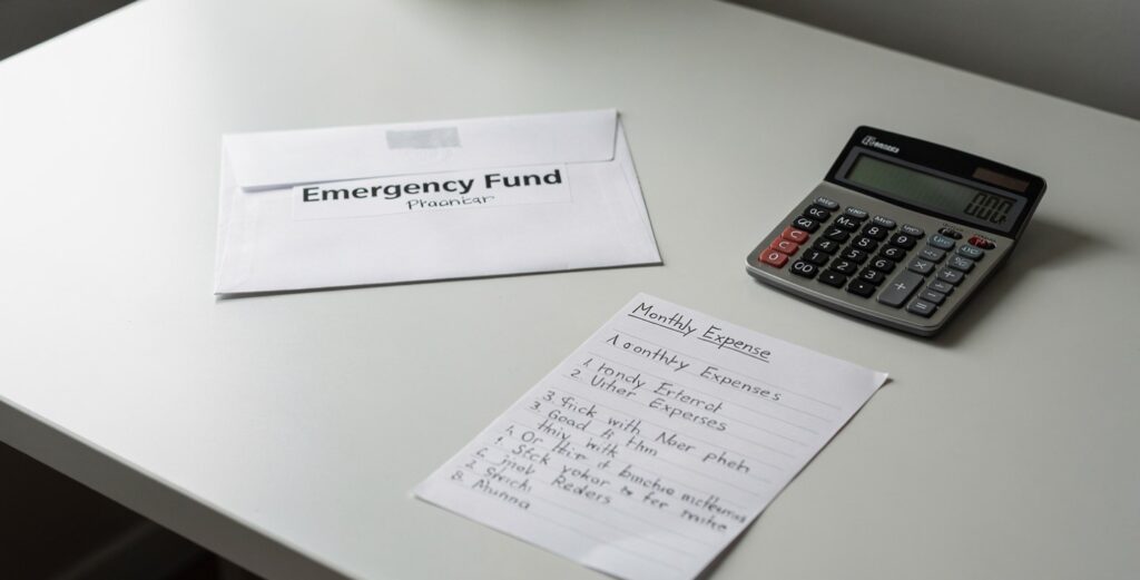  Emergency fund planning materials on a desk — building a practical financial protection system.