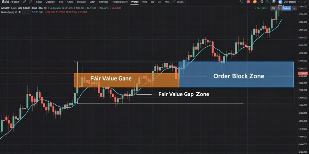 Gold trading chart showing order blocks and fair value gaps — smart money trading concepts.