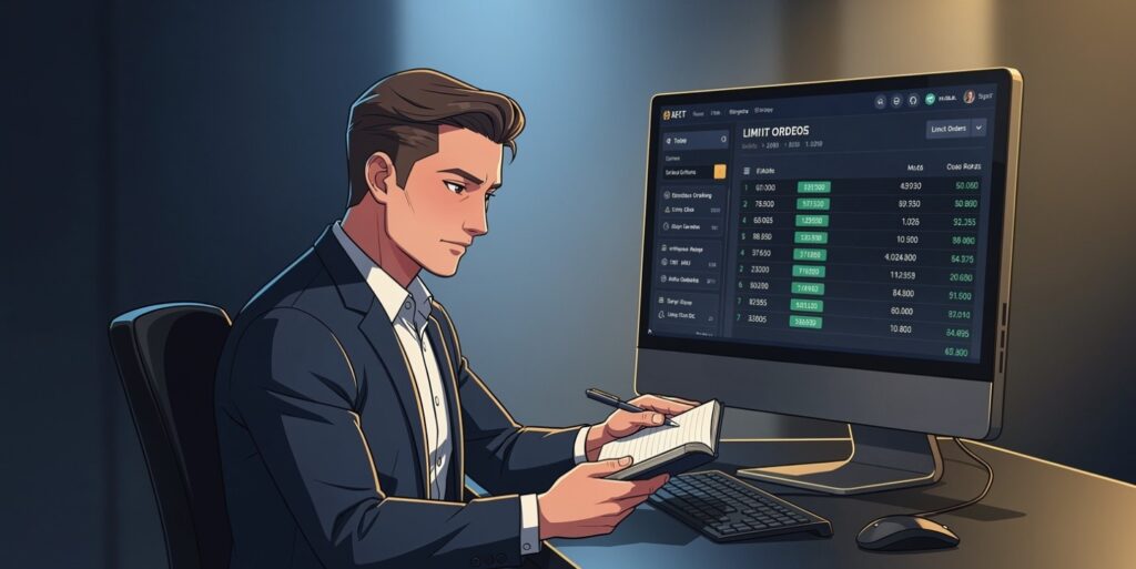  Disciplined professional trader reviewing pre-planned trading journal with limit orders set to execute without emotional freeze