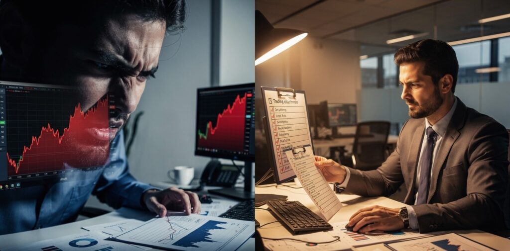 Trader transitioning from emotional reaction to mechanical discipline in trading.