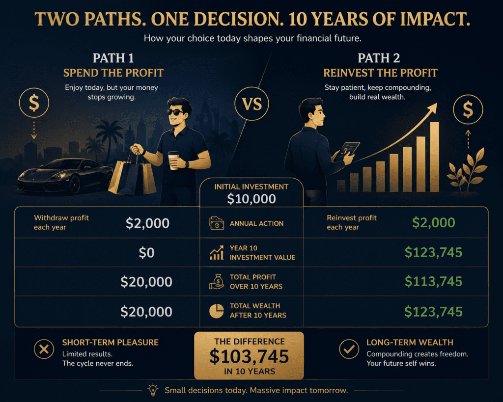 Compounding comparison reinvesting vs spending profits over 10 years