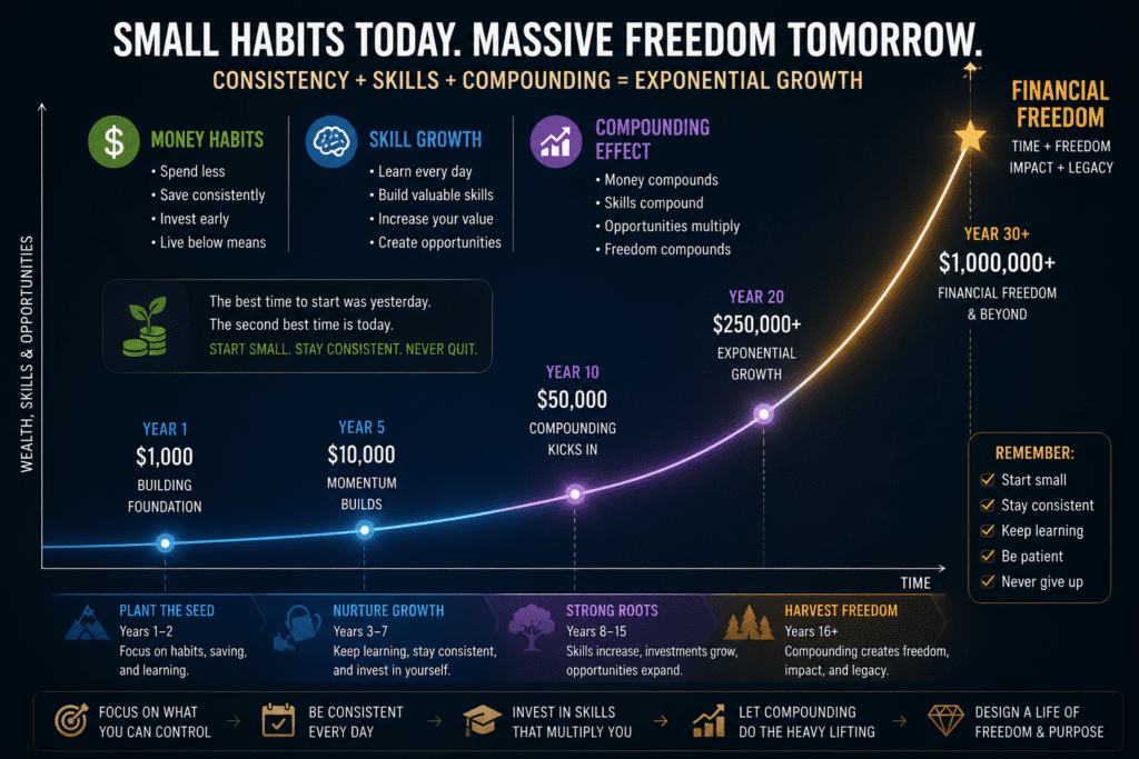 Compounding personal finance habits showing wealth building over time through saving, investing, and skill growth