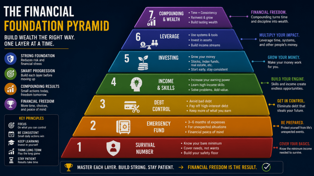 Personal finance foundation pyramid for beginners to build wealth safely with emergency fund and income skills