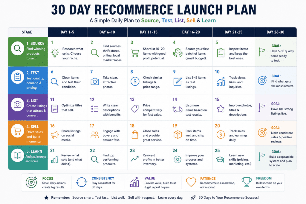 30 day recommerce business launch plan for beginners starting with low investment