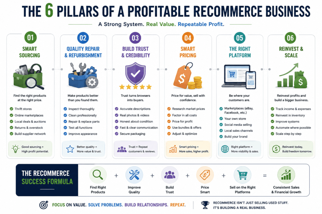 Key pillars of a profitable recommerce business including sourcing repair pricing trust and reinvestment