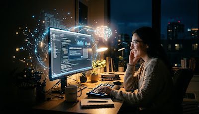 Agentic AI systems — woman working with AI collaboration at night