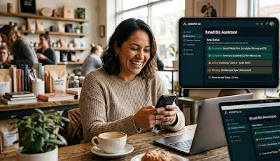 Small business owner using agentic AI assistant to automate tasks and save time