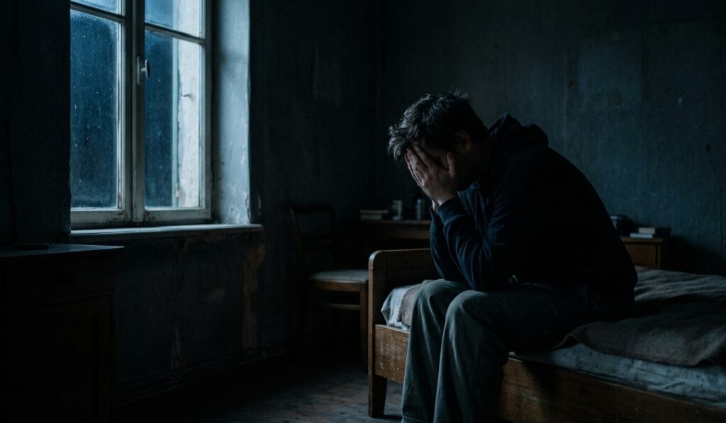 The Quiet Struggle Before the Dawn A cinematic, realistic shot of a person sitting alone on the edge of a bed in a dark, dimly lit room. They have their head buried in their hands in a gesture of exhaustion or deep thought, with a soft, faint blue light filtering through a window in the background.