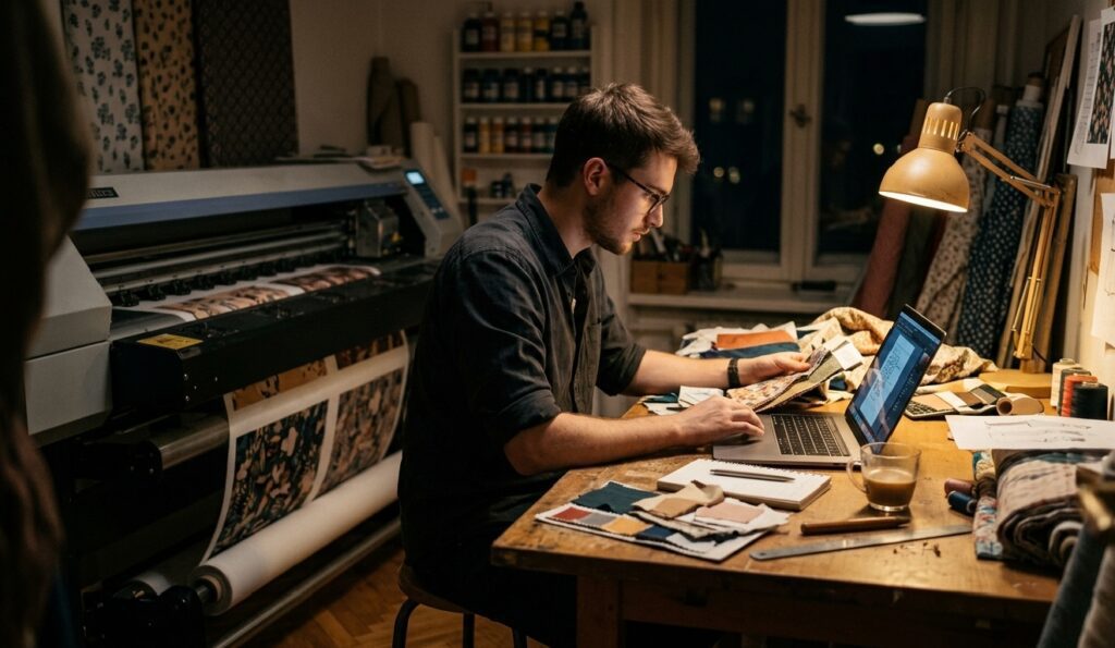 A young man focused on his work late at night in a cozy workshop. He is sitting at a wooden desk with a laptop, examining fabric samples under a warm desk lamp. A large professional textile printing machine and rolls of fabric are visible in the background.
