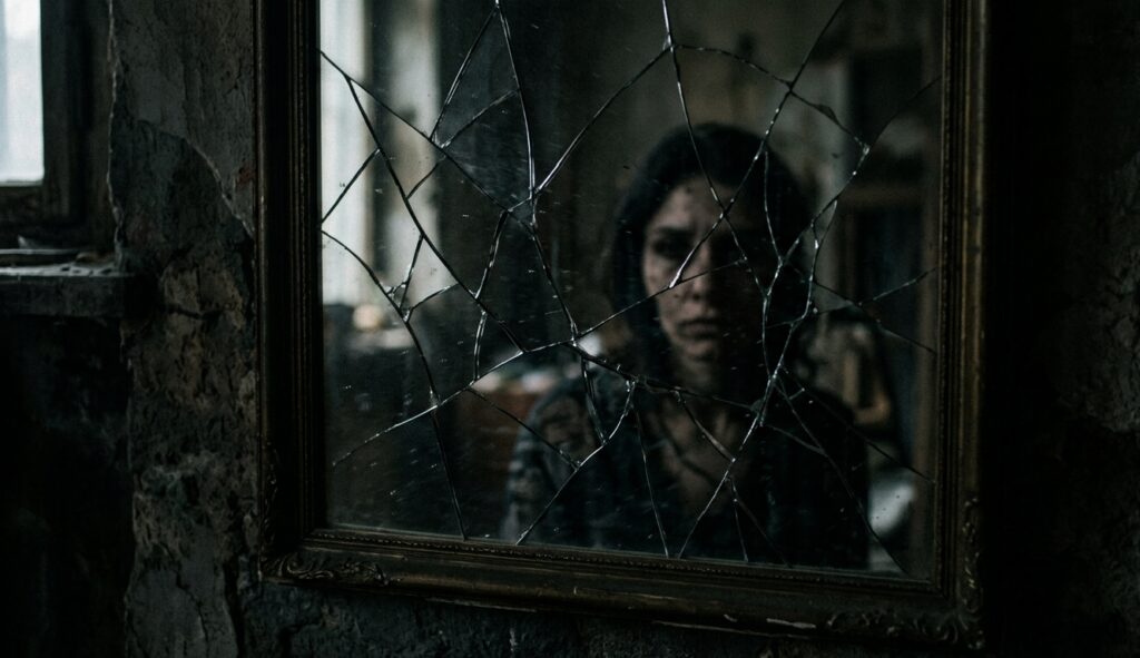 A dark and moody artistic shot of a heavily cracked mirror. Through the web-like fractures, a blurred and distorted face of a person is visible, symbolizing a struggle with identity and self-doubt.