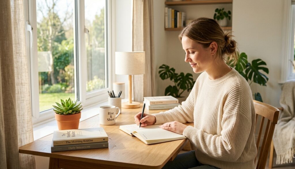 The Power of Morning Intentions A woman sitting at a clean, organized wooden desk by a large window, writing in a journal. The room is filled with bright, warm morning sunlight, featuring a small succulent plant, books, and a mug that says Rise and Shine, creating a calm and hopeful atmosphere.
