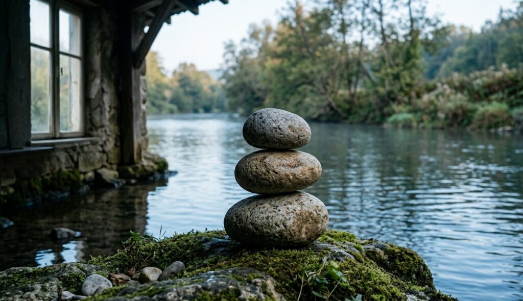 Finding Inner Peace A close-up of a stone cairn (stacked rocks) by a peaceful river at sunset, representing harmony, mindfulness, and a balanced life.