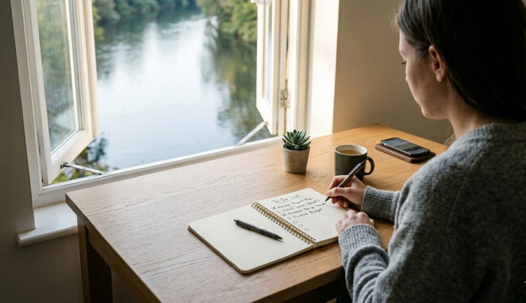 Strategic Planning and Distraction-Free Work A top-down, realistic view of a person writing a handwritten to-do list in a spiral notebook on a clean wooden desk. A smartphone is placed face-down at a distance to avoid distractions.