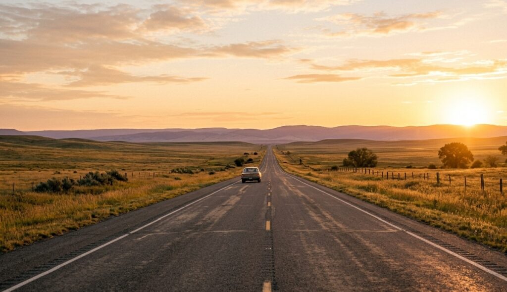 The Journey Towards New Horizons A wide, cinematic shot of a long straight road stretching endlessly into the horizon during golden hour. A lone vintage car drives into the distance through vast open plains, with the warm sun setting behind rolling hills, creating a feeling of freedom and new possibilities.
