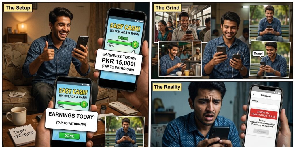 A multi-panel conceptual image illustrating an online earning scam. The first panel shows a young man excitedly looking at a mobile app showing high earnings like PKR 15,000 from watching ads. The final panel shows his expression shifting to total heartbreak and shock as his phone displays a red ERROR 404 Transaction Failed message when he tries to withdraw his money.